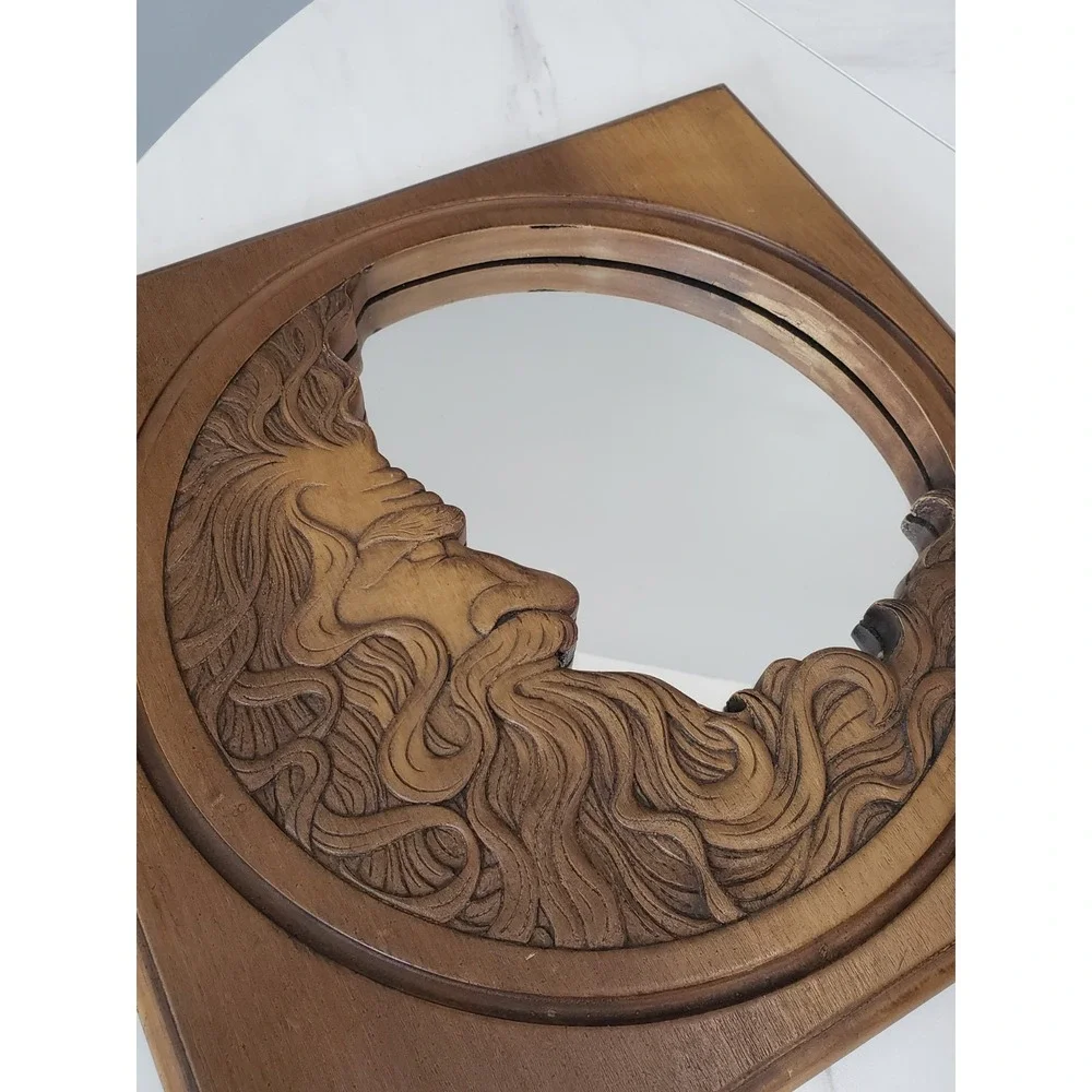 Vintage 1977 Hardin Carved Wooden Crescent Moon Celestial Face Man‎ Wall Mirror